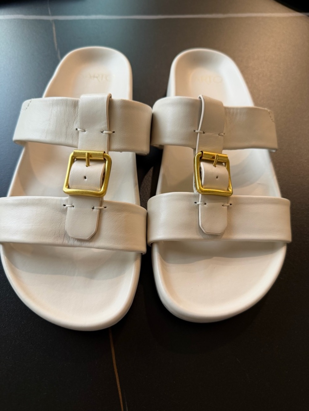 Franco Sarto Ivory Double-Strap Slides with Gold Buckles
